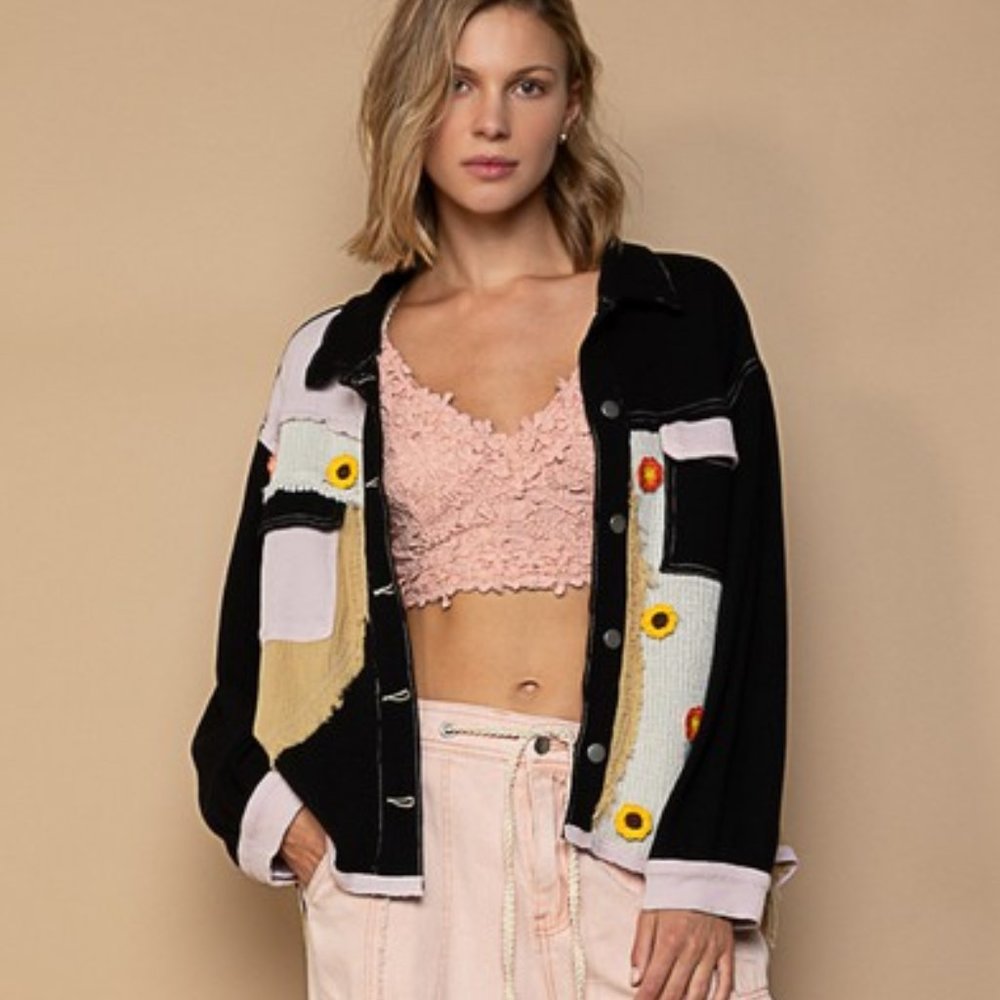 POL Black Relaxed Fit Button Down Floral Patches Shacket